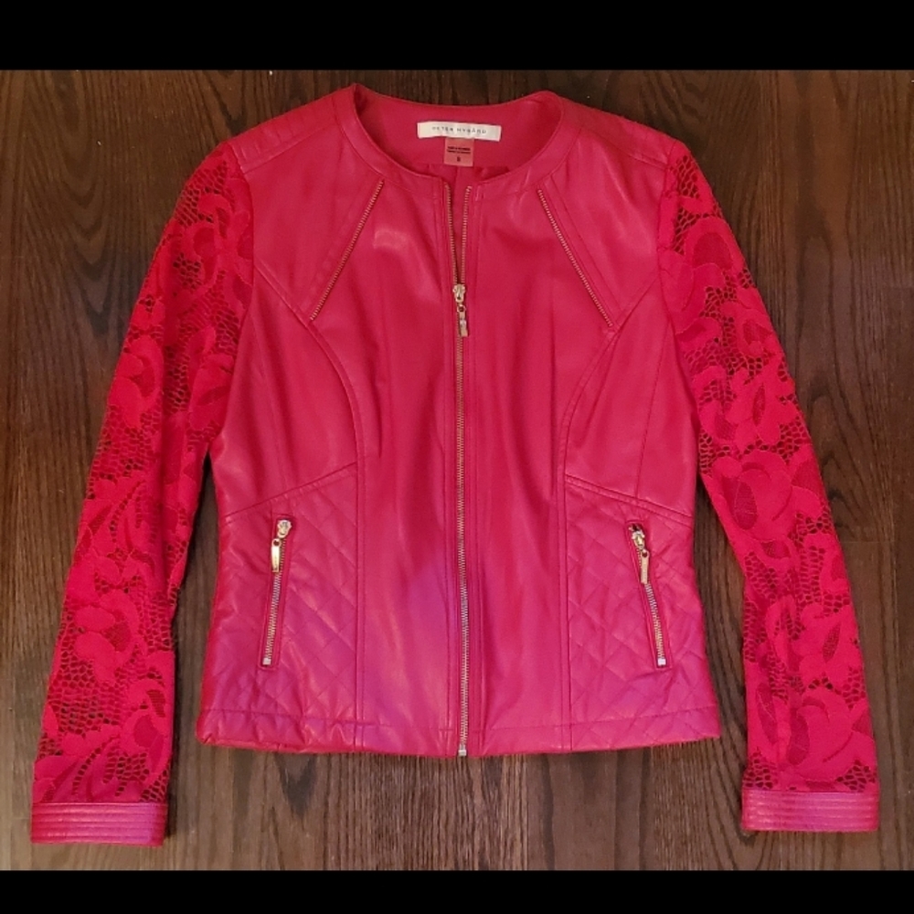 Nygard Collection Missy Faux Leather Blazer Jacket with Lace Sleeves, Poppy